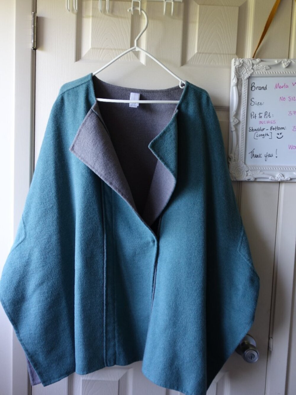 MarlaWynne Wool Teal and Gray Reversible Open Front Poncho